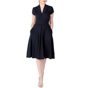 Pleated Cotton Knit Navy Blue Dress added sleeves